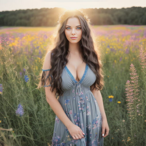 3Daizy frolicking amidst wildflowers in a breezy, floral maxi dress, basking in the golden hour's glow.