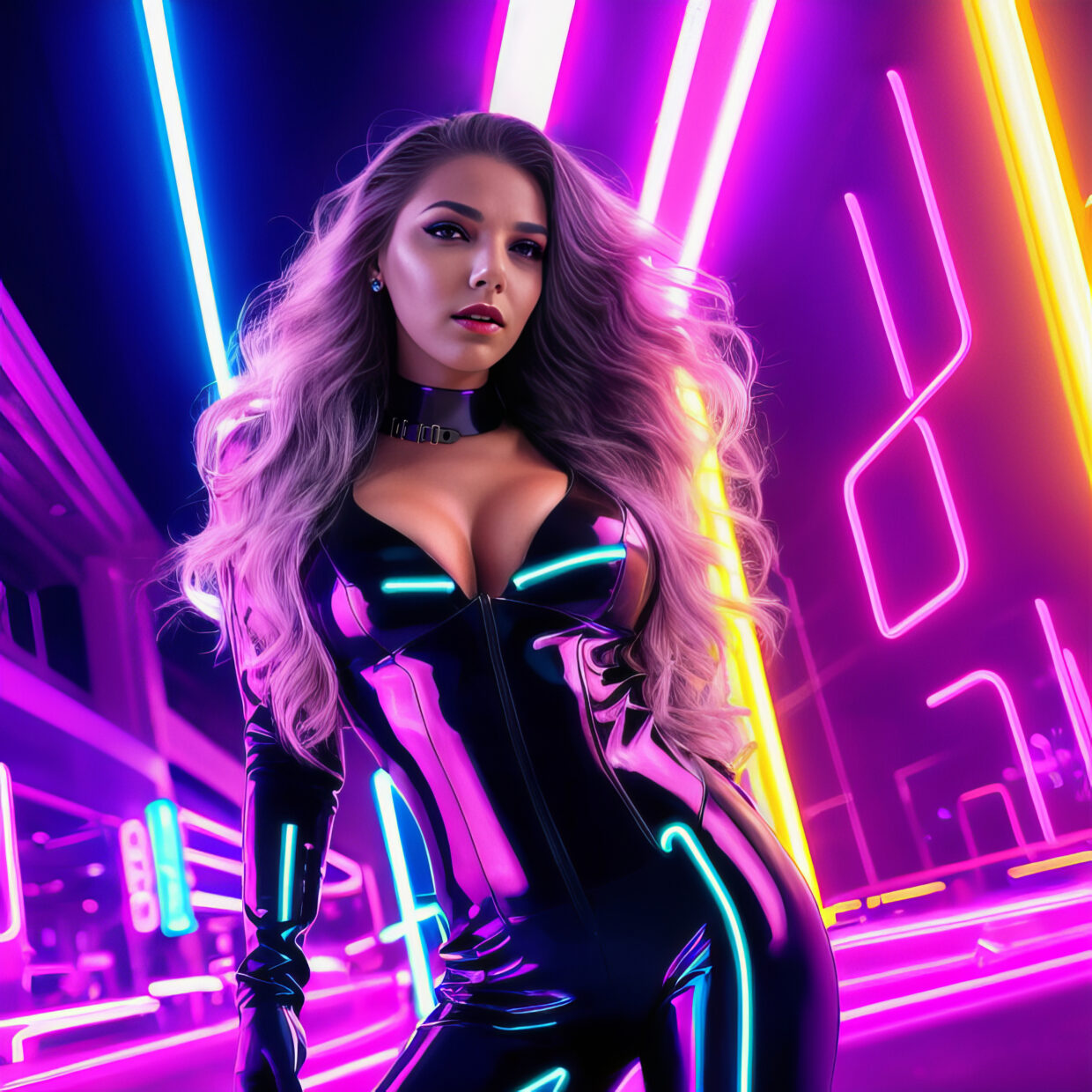 3Daizy in a sleek, black latex bodysuit, illuminated by the neon glow of the city.