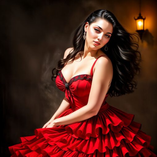 Artist in a vibrant red flamenco dress with layers of ruffles, channeling passion and 50s elegance.