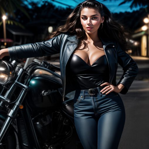 3Daizy in a rugged leather jacket and jeans, holding onto a gleaming dark green motorcycle in a tropical setting.