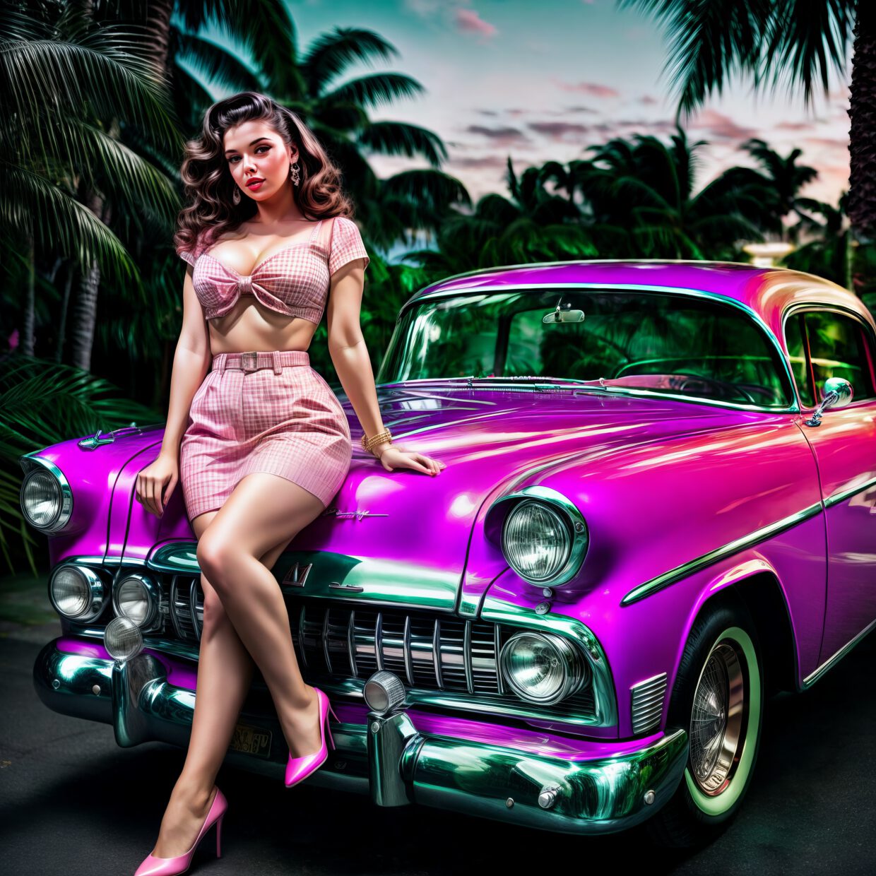 3Daizy, in a retro rockabilly outfit, leaning against a pink classic car in a tropical setting.