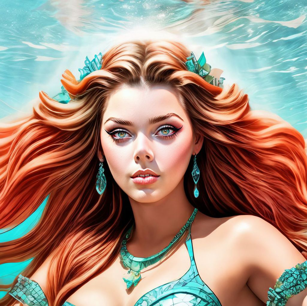 Close-up image of the mermaid's face from "Digital Odyssey: Mermaid Amidst Atlantis", showcasing the intricate details in AI-generated art