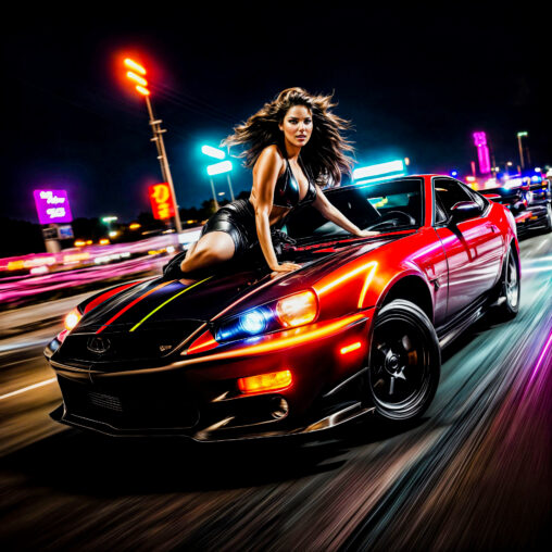Digital image of me fearlessly posed on the hood of a street racing car, encapsulating the essence of "The Fast and the Furious".