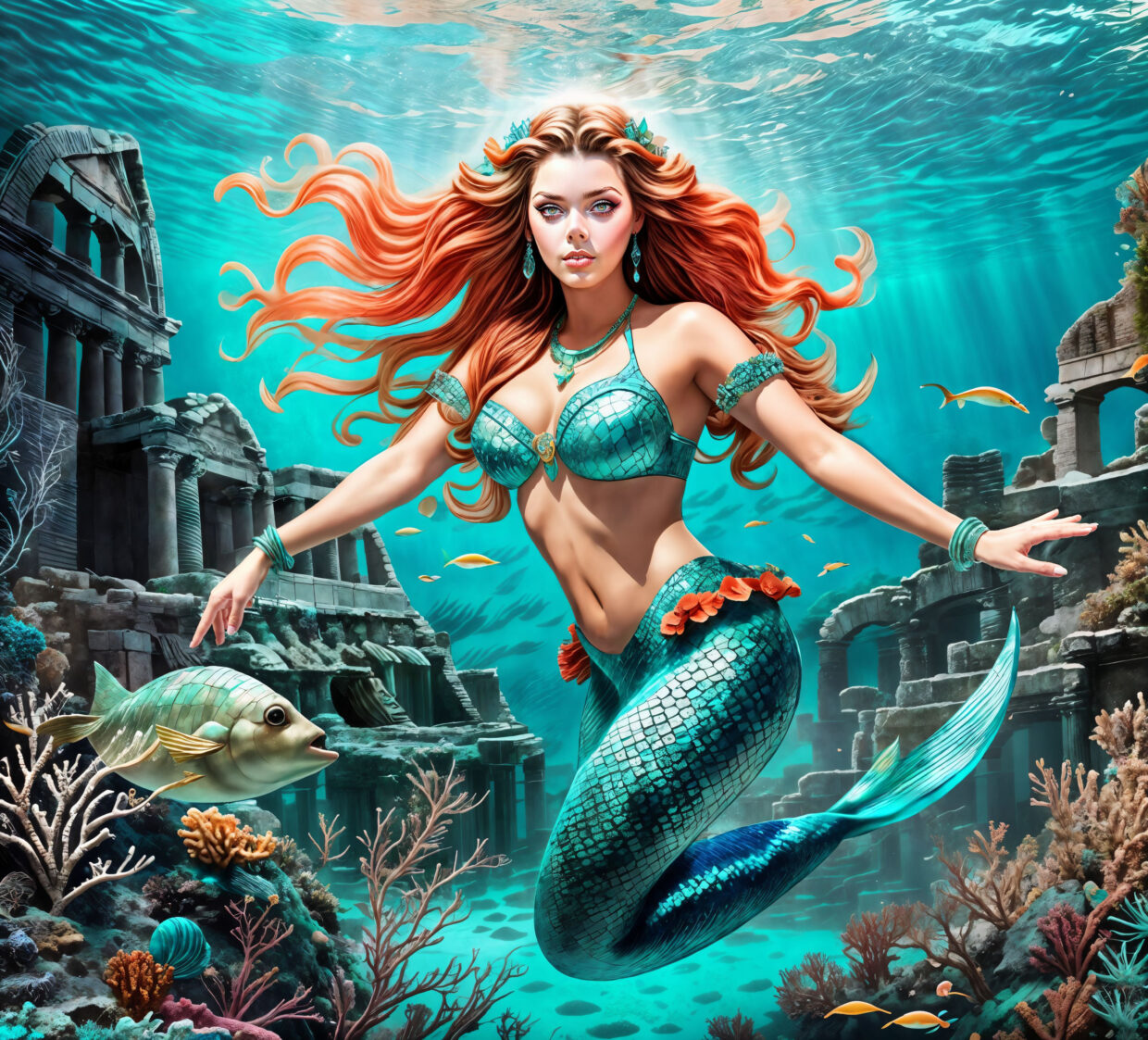 An enchanting image of a mermaid swimming amidst the ruins of Atlantis, created using artificial intelligence.