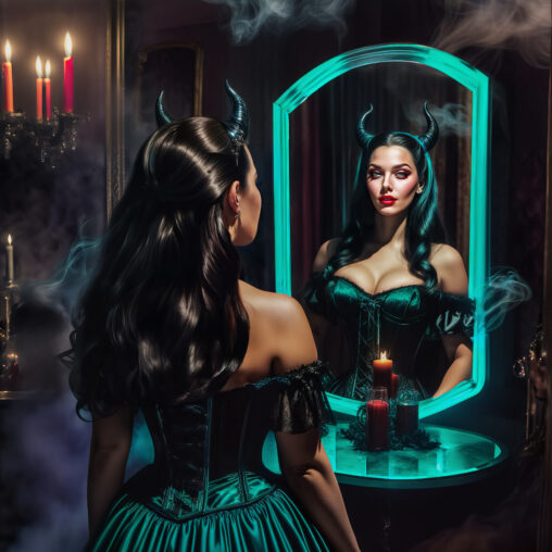 A remarkable image of me, 3Daizy, as the AI-crafted Maleficent before a magic mirror.