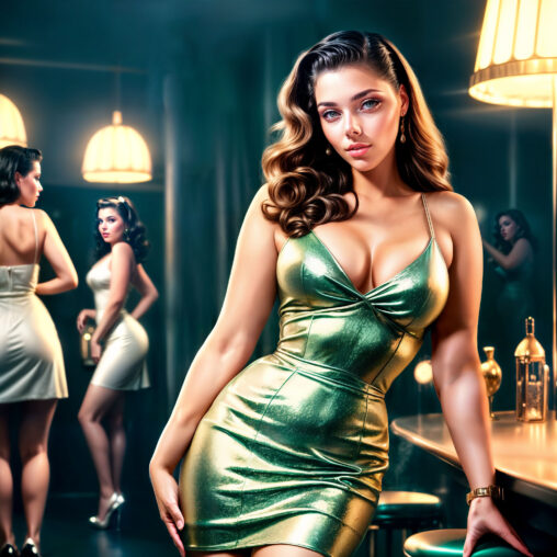 An AI-generated image of me in a '50s jazz club, embodying the pin-up style in a shimmering green dress, surrounded by a dreamy, smoky ambiance