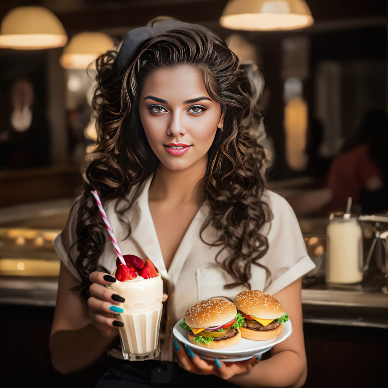 3Daizy in a 50's diner, holding a milkshake and burgers.