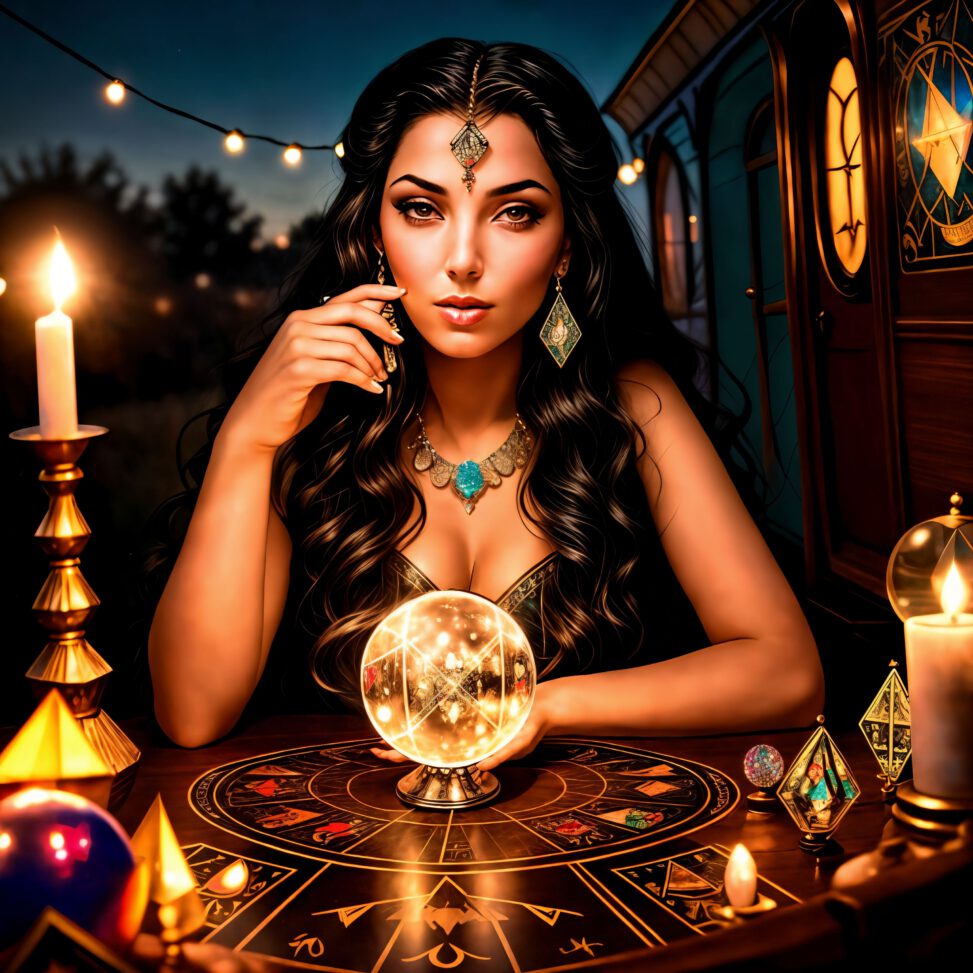 Woman styled as a '50s pinup fortune teller with a crystal ball and tarot cards.