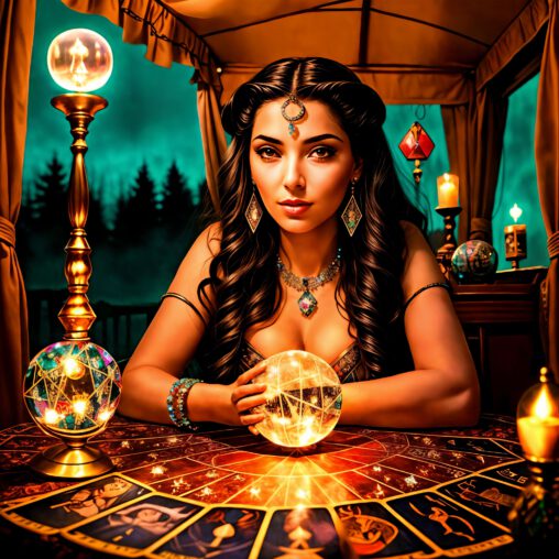 Woman in '50s attire with a crystal ball and tarot cards, surrounded by candles.