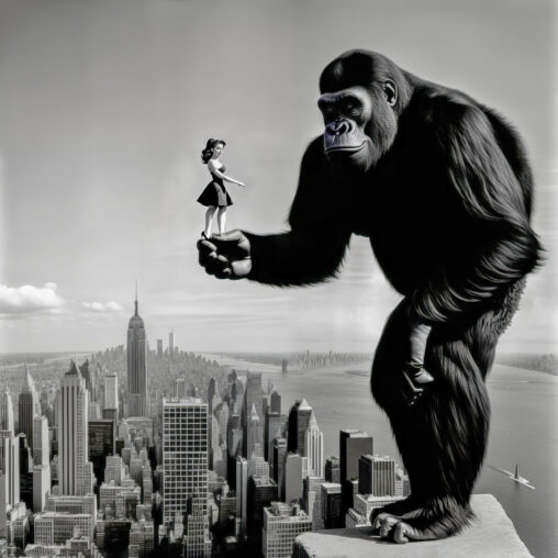 AI representation of woman held by King Kong atop a New York skyscraper.