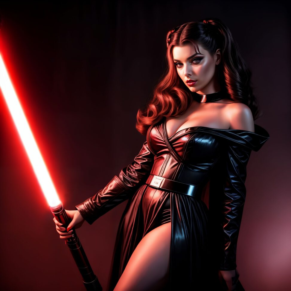 Leia embracing the dark side, with a dark cape and lightsaber, in a 3Daizy artwork."